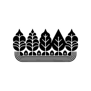 Minimalist illustration of stylized trees with abstract leaf patterns and small minimalist house silhouettes arranged in a row vector