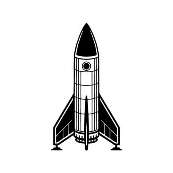 A retro style illustration of a single classic rocket ship with fins and a pointed nose cone standing vector