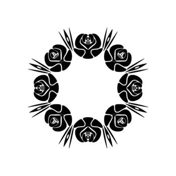 A symmetrical stylized rose flower mandala with sharp pointed leaf accents arranged in a circular pattern vector