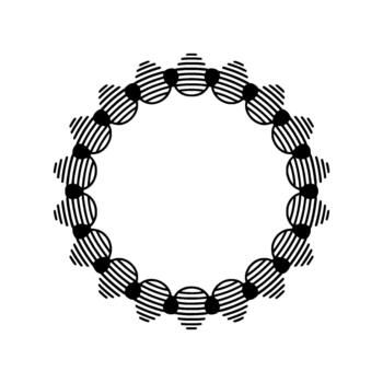 A minimalist abstract circular frame composed of repeating scalloped petal shapes filled with thin parallel stripes and connected by solid dots vector