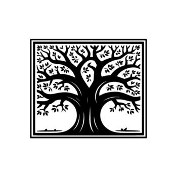 un estilizado ilustración de un simétrico árbol de vida con detallado ramas y hojas adjunto dentro un decorativo cuadrado frontera vector