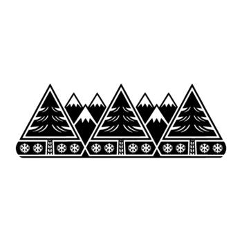 estilizado geométrico invierno paisaje presentando triangular pino arboles en capas con montaña siluetas y un repitiendo copo de nieve frontera modelo vector