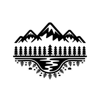 Stylized monochrome illustration depicting a symmetrical natural landscape with sharp mountain peaks a dense row of coniferous trees a winding river and surrounding foliage vector