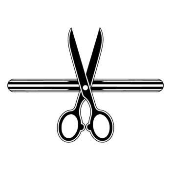 A stark illustration of a pair of open scissors crossing over a horizontal striped element vector