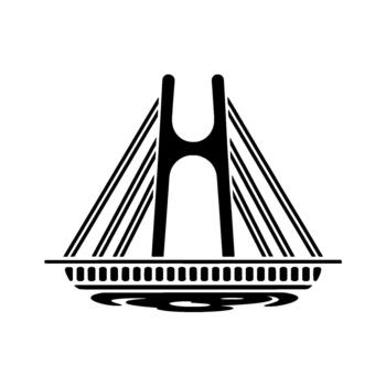 un minimalista silueta de un moderno cable permanecer puente estructura con múltiple suspensión líneas y un estilizado agua reflexión abajo aislado vector