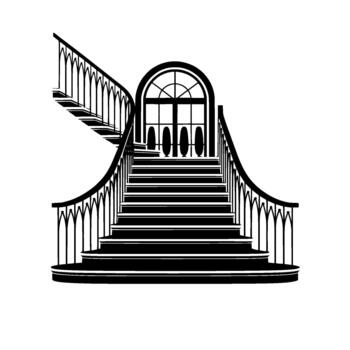 Elegant silhouette of a grand curved staircase with ornate railings leading to an arched window featuring three stylized trees vector