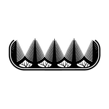 A stylized illustration featuring a symmetrical row of five stylized coniferous trees with detailed linear foliage and exposed branchlike root systems presented within a sleek rounded rectangu vector