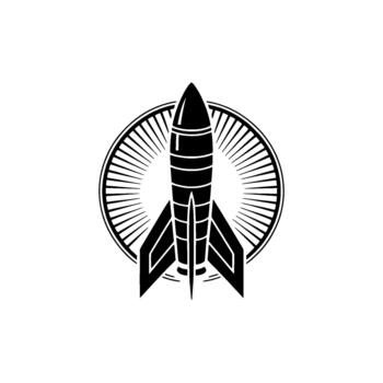 A stylized of a retro rocket ship with fins and a circular burst background centered vector
