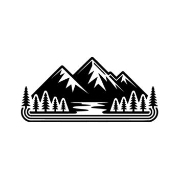 un sorprendentes silueta de un majestuoso montaña rango con nieve tapado picos fluido dentro un sereno río rodeado por un línea de pino arboles y un decorativo frontera vector