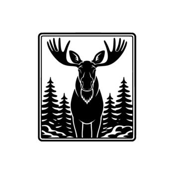 negrita silueta de un majestuoso alce con grande cornamenta en pie en un estilizado hojas perennes bosque enmarcado dentro un redondeado cuadrado frontera vector