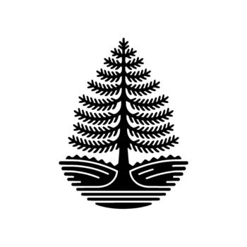 silhouette of a stylized coniferous tree with patterned foliage and simplified landscape elements vector
