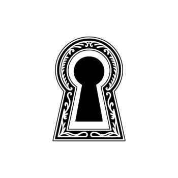 A detailed illustration of an ornate antique keyhole with intricate scrollwork and symmetrical floral patterns vector