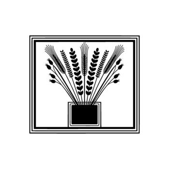 A minimalist illustration of a bouquet of diverse grain stalks and seed heads arranged in a simple rectangular planter within a doublelined square frame vector