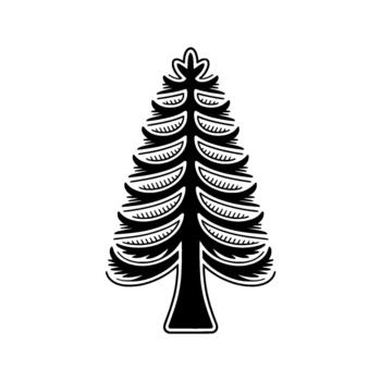 A stylized illustration of a coniferous evergreen tree with detailed branches rendered in a simple clean and modern aesthetic vector