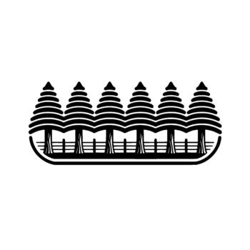 A minimalist illustration of a stylized row of six coniferous trees with visible trunks and a horizontal fence beneath them all enclosed within a sleek outline vector
