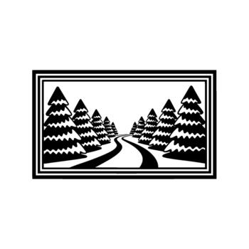 Stylized illustration of a winding road through a symmetrical forest of snowcovered pine trees leading towards a horizon with subtle gradient lines framed by a thick double border vector
