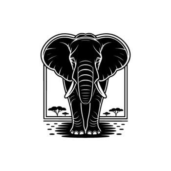 Bold linework illustration of an African elephants head and tusks set within a stylized rectangular frame with silhouetted acacia trees and ground texture vector