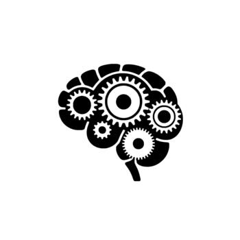 A stark silhouette of a human brain intricately constructed from interlocking mechanical gears symbolizing intelligence and mechanical thought processes vector
