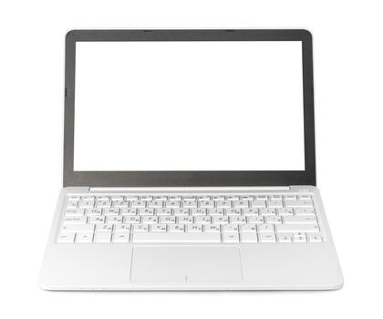 Laptop with white keyboard and empty screen ready for new projects or tasks photo