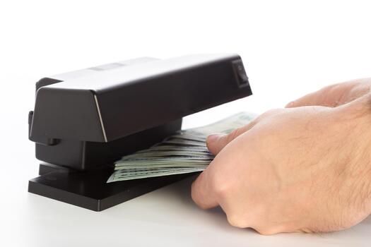 Hands using stapler to bind stacks of cash together in a simple setting photo