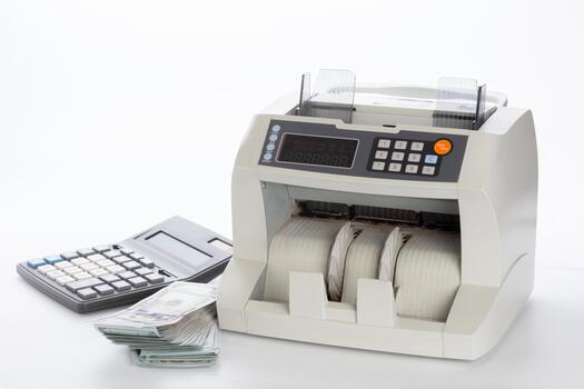 Counting machine and calculator with stacks of cash ready for counting in a bright setting photo