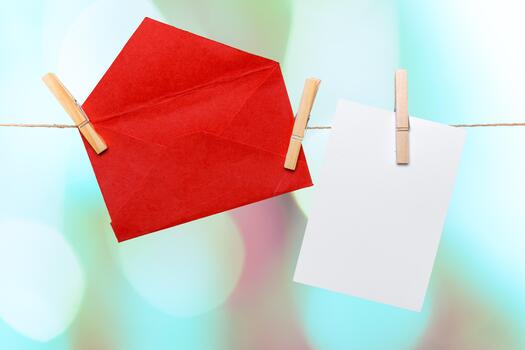 vistoso rojo sobre y blanco papel colgando en un cuerda con un borroso antecedentes foto