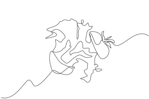 Continuous one line drawing tomatoes cut into 2 parts and splash juice comes out from the bottom. Fruit with bright red color. Freshness. Juice Splash. Single line draw design vector