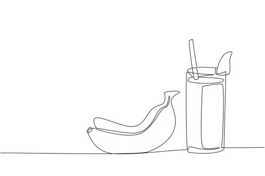 Single one line drawing glass of banana juice with a straw in the glass. Enjoy the deliciousness of fruit in a different way. National Juice Slush Day. Continuous line design illustration vector