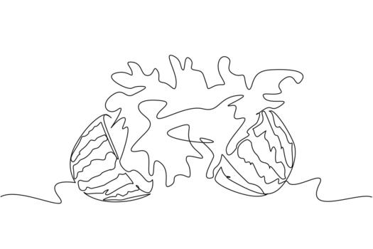 Single one line drawing watermelon cut into 2 parts and splash juice comes out from the bottom. Freshness of fruit with lots of water. Sweet. Juice Splash. Continuous line design illustration vector