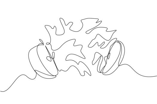 Single continuous line drawing apple cut in half and splash juice comes out of the bottom. Drink apple juice. Increase bone strength. Healthy drinks. Juice Splash. One line illustration vector