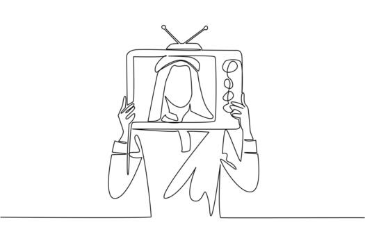 Single continuous line drawing a man in a robe and a turban holding an old television made of cardboard. Creativity is limitless. The nostalgic. Inside Television. One line design vector