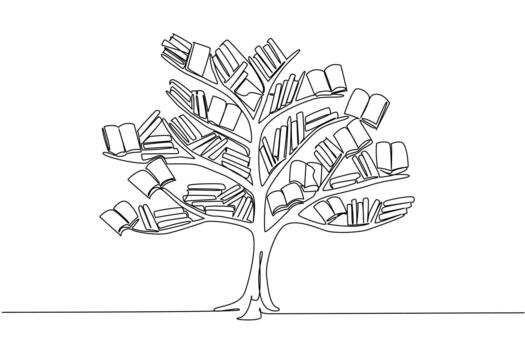Single one line drawing a tree with branches filled with various books. The higher the level, the more knowledge is needed. Artificial plants. Book Tree. Continuous line design illustration vector