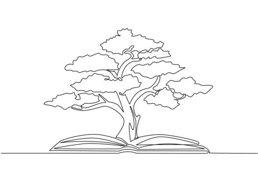 Single continuous line drawing an open book with a large tree in the middle. Caring for plants requires knowledge. Reading makes the calm. The science. Book Tree. One line design vector