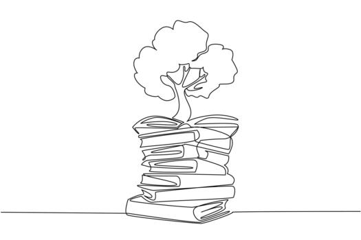 Single one line drawing a pile of books and on top of it there is a big tree. Reading the good plant care module. Greening for the earth. Shady. Book Tree. Continuous line design illustration vector