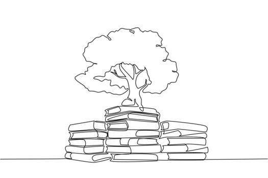 Continuous one line drawing several piles of books and in one of the piles of books there is a big tree. Symbolism of comfortable reading garden. Book Tree. Single line draw illustration vector