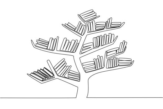 Continuous one line drawing tree shaped bookshelf with several stacks of books on its branches. Educational tree. Comfort while reading. Smart. Book Tree. Single line draw illustration vector