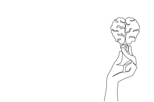 Continuous one line drawing hands holding a bulb that forms a brain. Symbolizing ideas and creativity. Provides many solutions. Innovation. Holding Bulb. Single line draw design vector