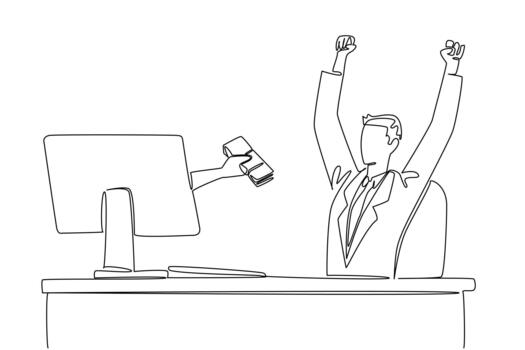 Single one line drawing hands out of the monitor screen while holding stack of banknotes. Lots of bonuses from smart work. Recognition. Things from Screen. Continuous line design illustration vector