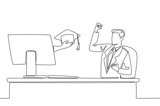 Single continuous line drawing hands out of the monitor screen while holding a graduation cap. Doing business does not forget education. Smart. Things from Screen. One line design vector