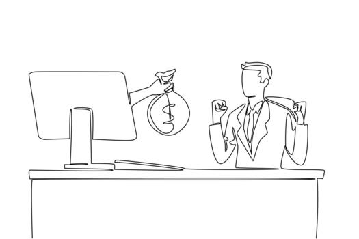 Single continuous line drawing hands out of the monitor screen while holding a money bag. An active businessman with big profits. Smart worker. Things from Screen. One line design vector