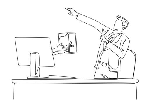 Single continuous line drawing hands out of the monitor screen while holding a safe deposit box. Get antique storage as a safe storage media. Things from Screen. One line illustration vector