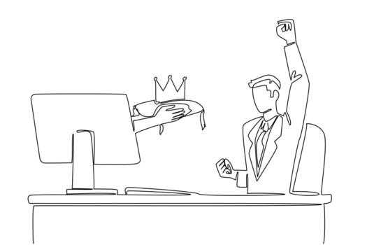 Single one line drawing hands out of the monitor screen while holding crown. Sign of success. Most prestigious award in business world. Things from Screen. Continuous line design illustration vector