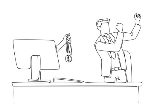 Single continuous line drawing hands out of monitor screen while holding a gold medal. Recognition from the government. Number one businessman. Things from Screen. One line design vector