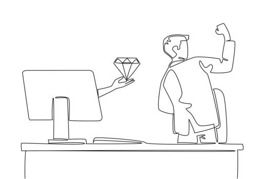 Continuous one line drawing hands out of the monitor screen while holding diamond. The joy of finding a new mine point full of diamonds. Things from Screen. Single line draw illustration vector