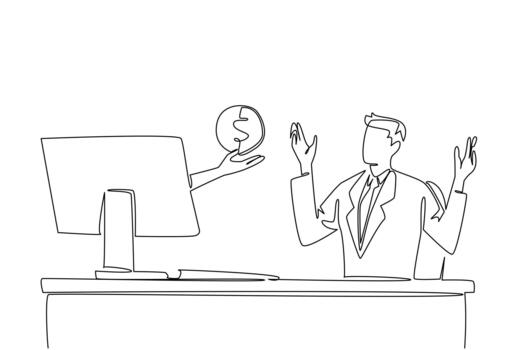 Continuous one line drawing hands out of the monitor screen while holding a penny. Small investment with small profit. Manage well. Things from Screen. Single line draw illustration vector