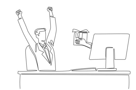 Single one line drawing hands out of the monitor screen while holding a gift box. Raise the hands and shout. The joy of getting a gift. Things from Screen. Continuous line design illustration vector