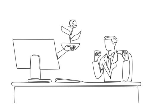 Single continuous line drawing hands out of monitor screen holding a money tree with dollar coin fruit. Learn to invest. Buy and sell shares. Things from Screen. One line illustration vector