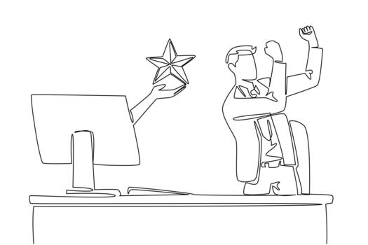Single continuous line drawing hands out of monitor screen while holding a star shape. Get the best rating for performance. Award. Recognition. Things from Screen. One line illustration vector