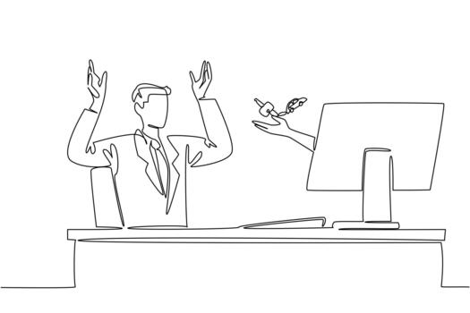 Continuous one line drawing hands out of monitor screen while holding car key with a car shaped keychain. Symbolism of online shopping. Things from Screen. Single line draw illustration vector