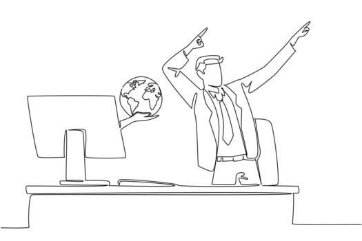 soltero uno línea dibujo manos fuera de monitor pantalla mientras participación un globo. genial nuevo conexión para negocio. rentable relación. cosas desde pantalla. continuo línea diseño ilustración vector